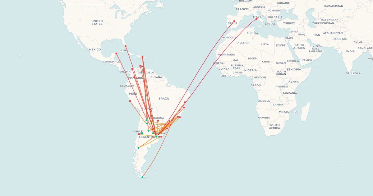 Las rutas internacionales de Aerolíneas Argentinas en un mapa del mundo