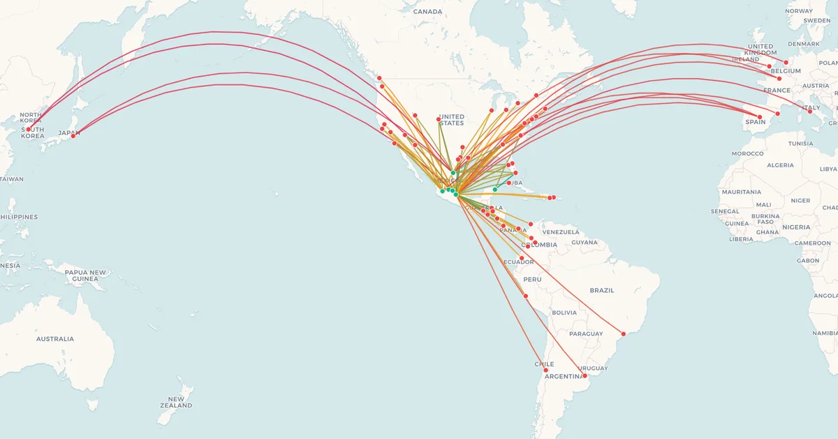 Aeroméxico's international routes on a world map