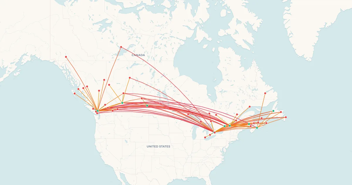 Air Canada's domestic routes on a map