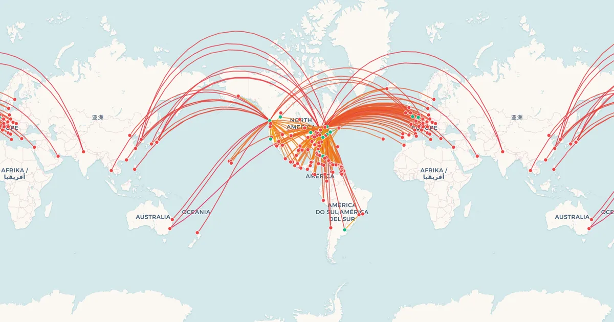 Air Canada's international routes on a world map
