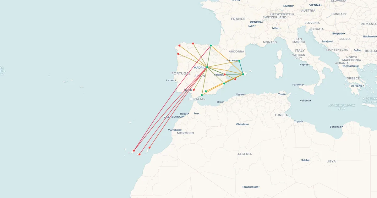 Las rutas nacionales de Air Europa en un mapa