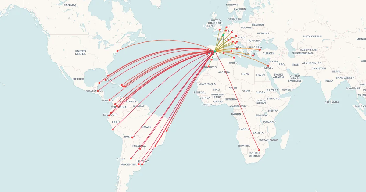 Las rutas internacionales de Air Europa en un mapa del mundo