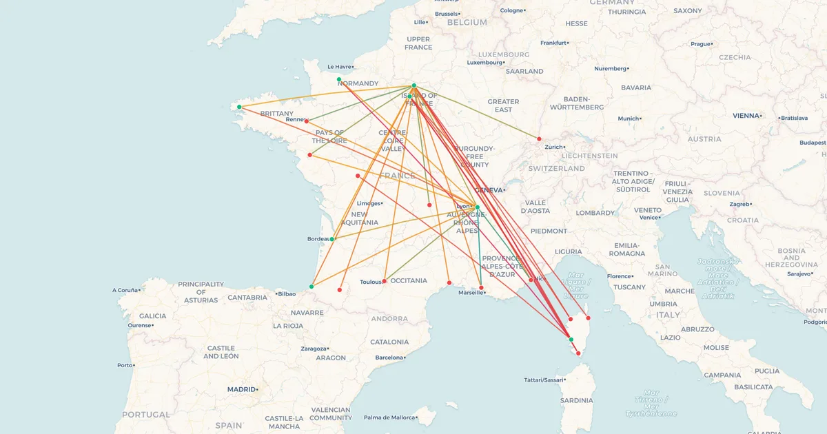 Air France's domestic routes on a map
