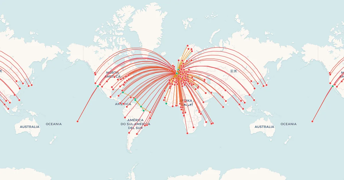 Air France's international routes on a world map
