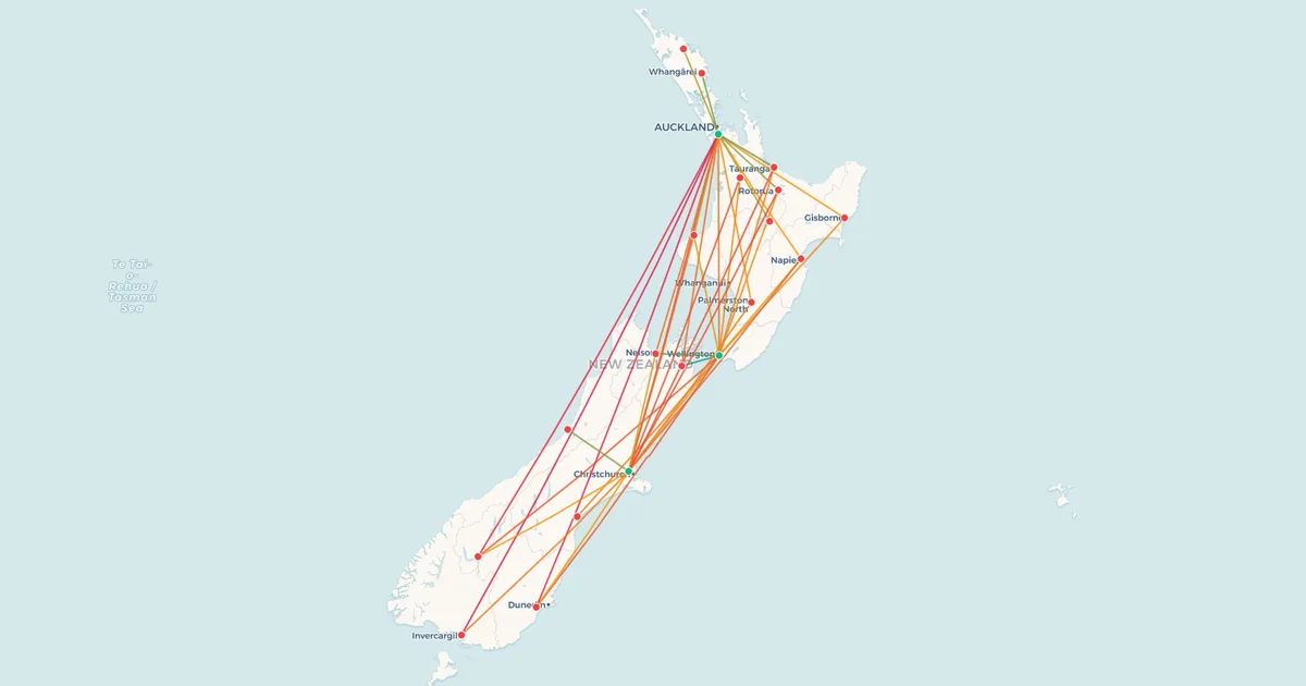 Air New Zealand's domestic routes on a map