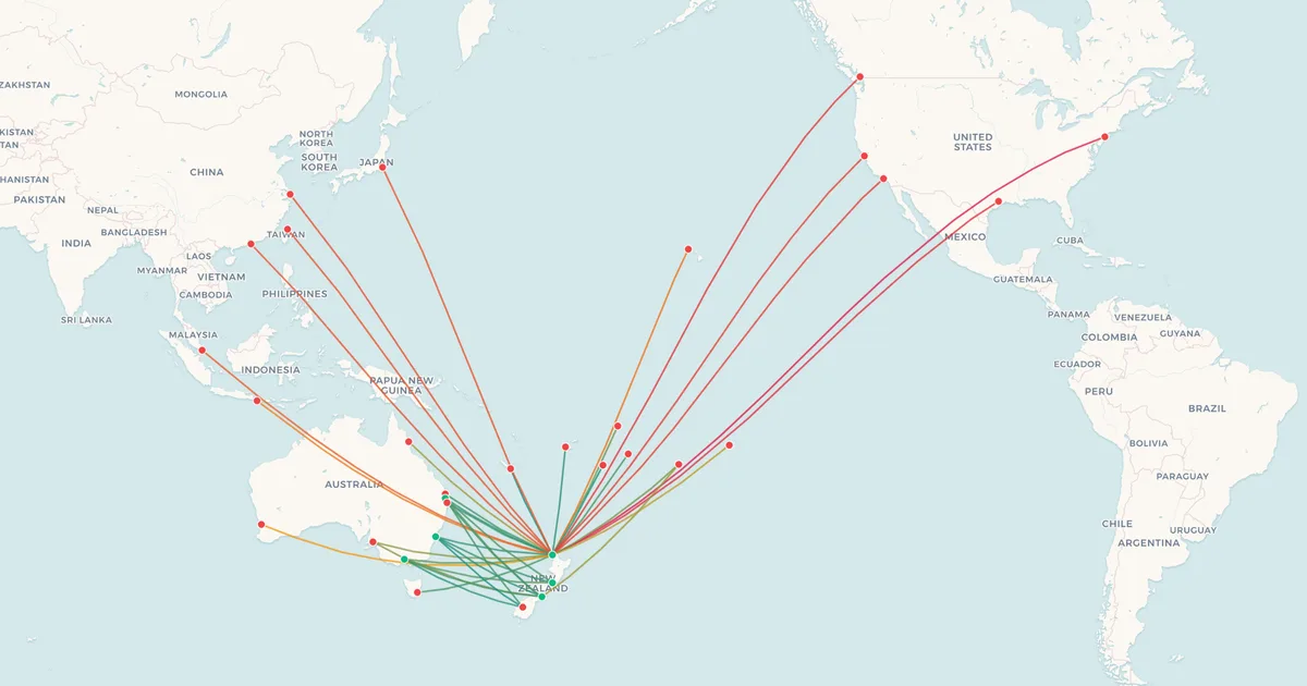 Air New Zealand's international routes on a world map