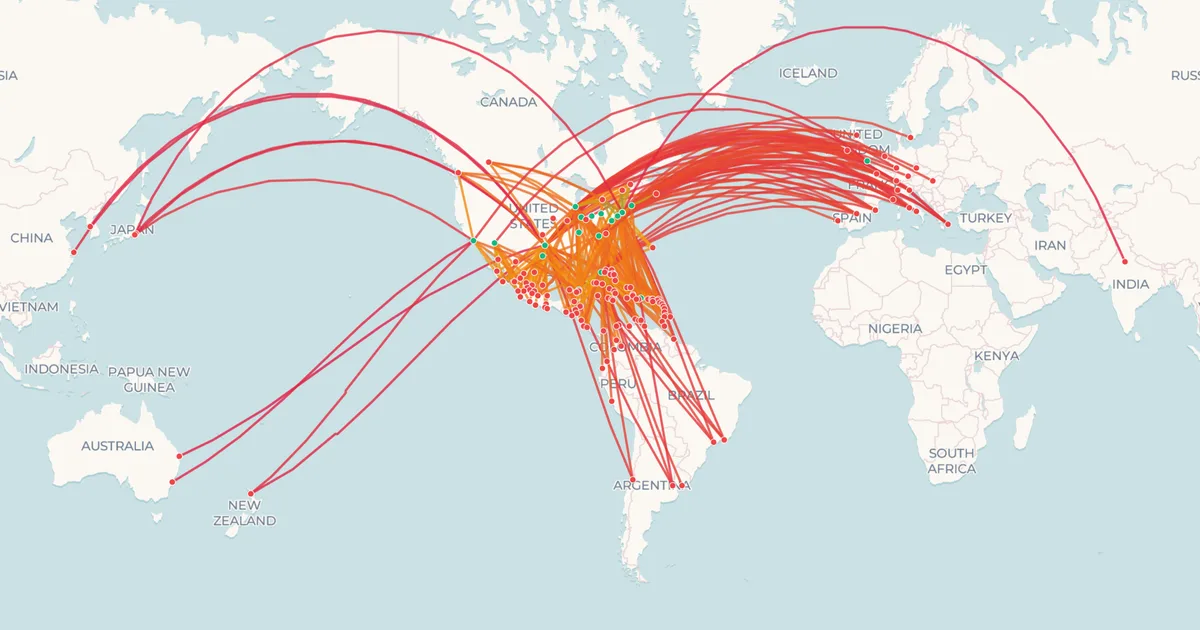 American Airlines's international routes on a world map American Airlines's international routes on a world map