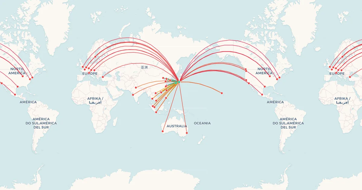 ANA (All Nippon Airways)'s international routes on a world map