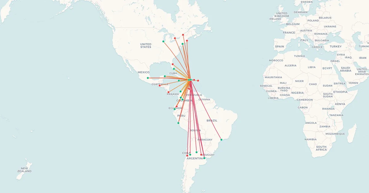 La red de rutas de Arajet en un mapa del mundo