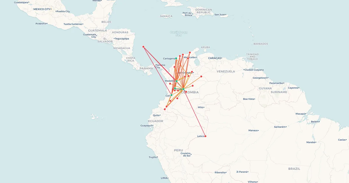 Avianca's domestic routes on a map
