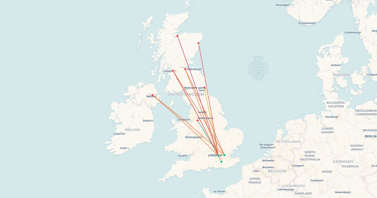 British Airways's domestic routes on a map