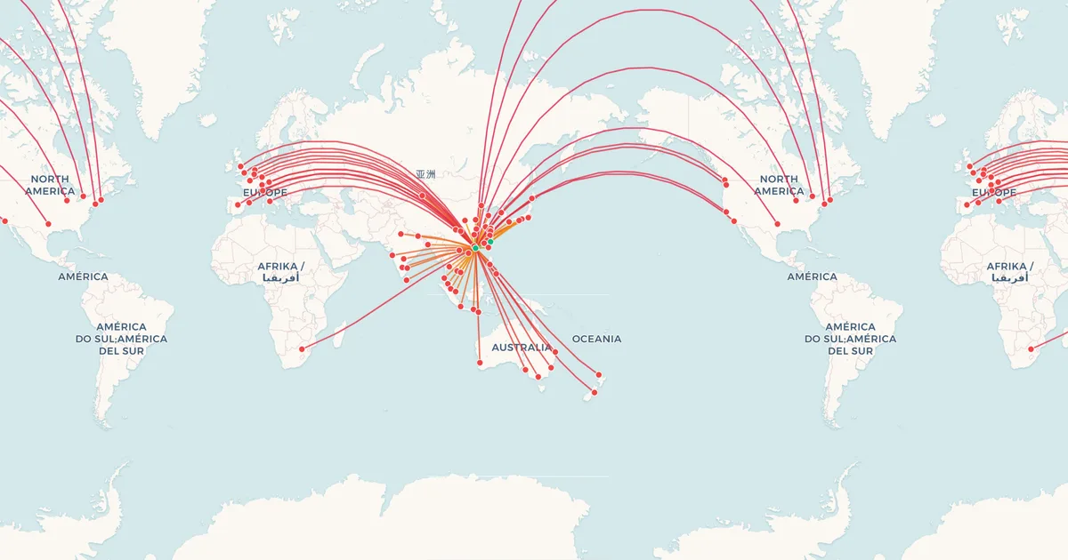 Cathay Pacific's route network on a world map