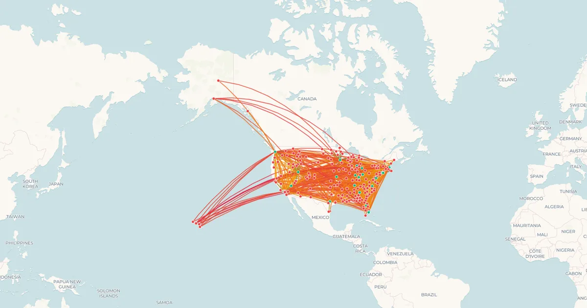 Las rutas nacionales de Delta Air Lines en un mapa