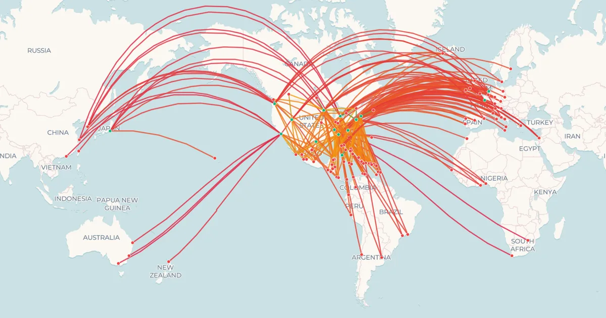 Las rutas internacionales de Delta Air Lines en un mapa del mundo