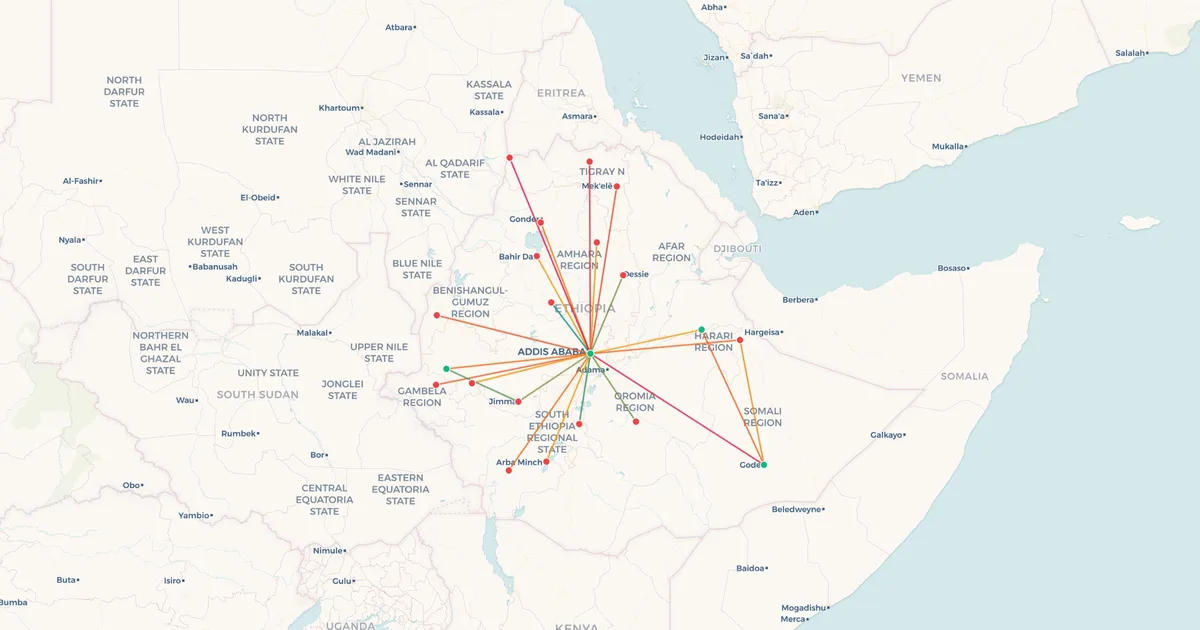 Ethiopian Airlines's domestic routes on a map