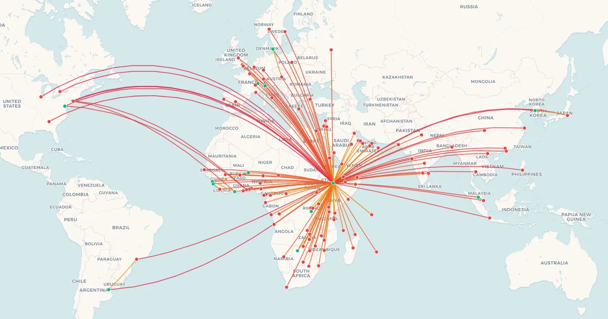Ethiopian Airlines's international routes on a world map