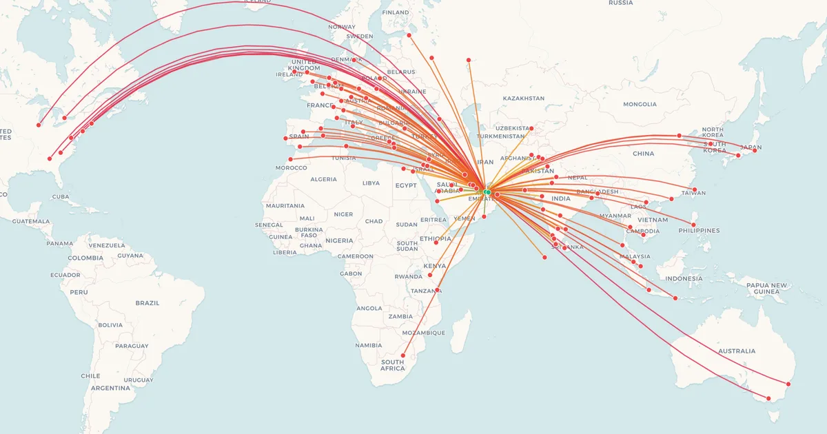 Etihad Airways's route network on a world map