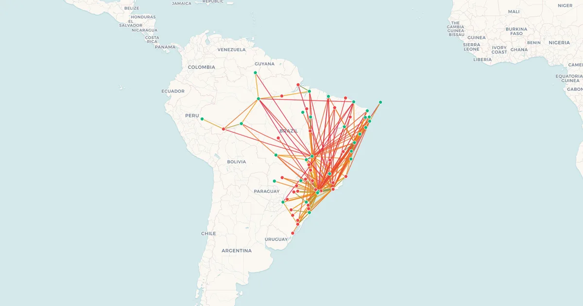 Las rutas nacionales de GOL Linhas Aéreas en un mapa Las rutas nacionales de GOL Linhas Aéreas en un mapa