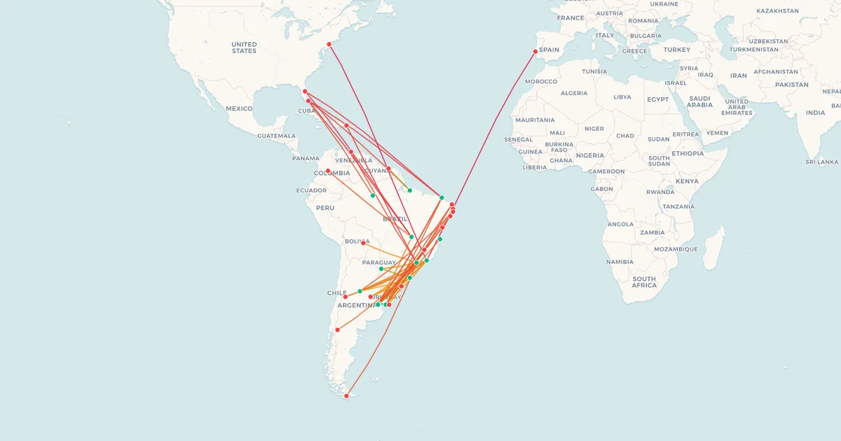 Las rutas internacionales de GOL Linhas Aéreas en un mapa del mundo Las rutas internacionales de GOL Linhas Aéreas en un mapa del mundo