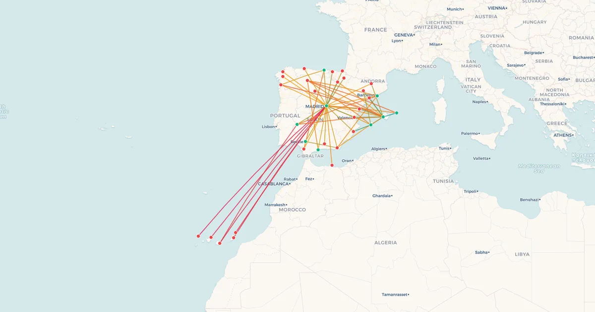 Iberia's domestic routes on a map