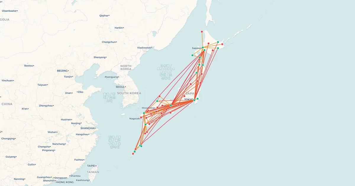 Japan Airlines's domestic routes on a map