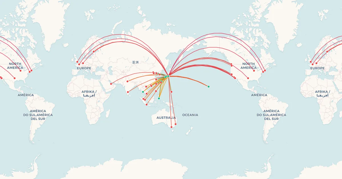 Japan Airlines's international routes on a world map