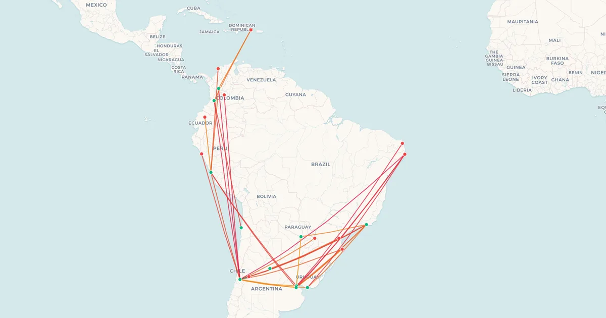 Las rutas internacionales de JetSMART en un mapa del mundo