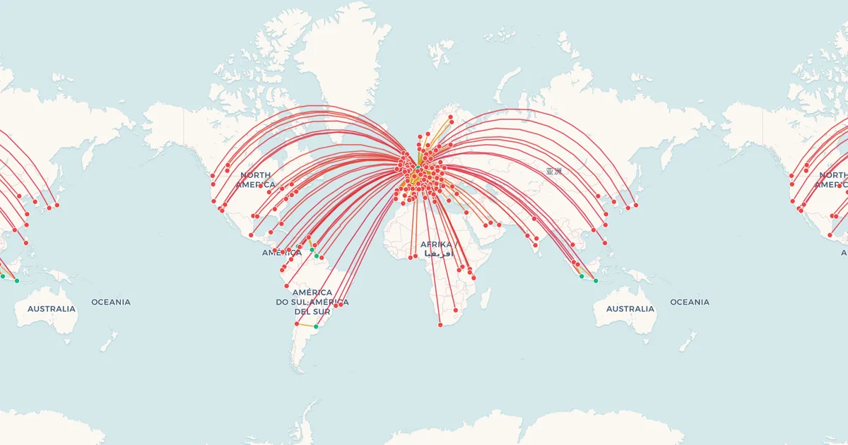 La red de rutas de KLM en un mapa del mundo