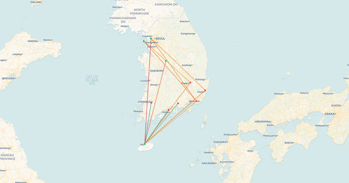 Korean Air's domestic routes on a map