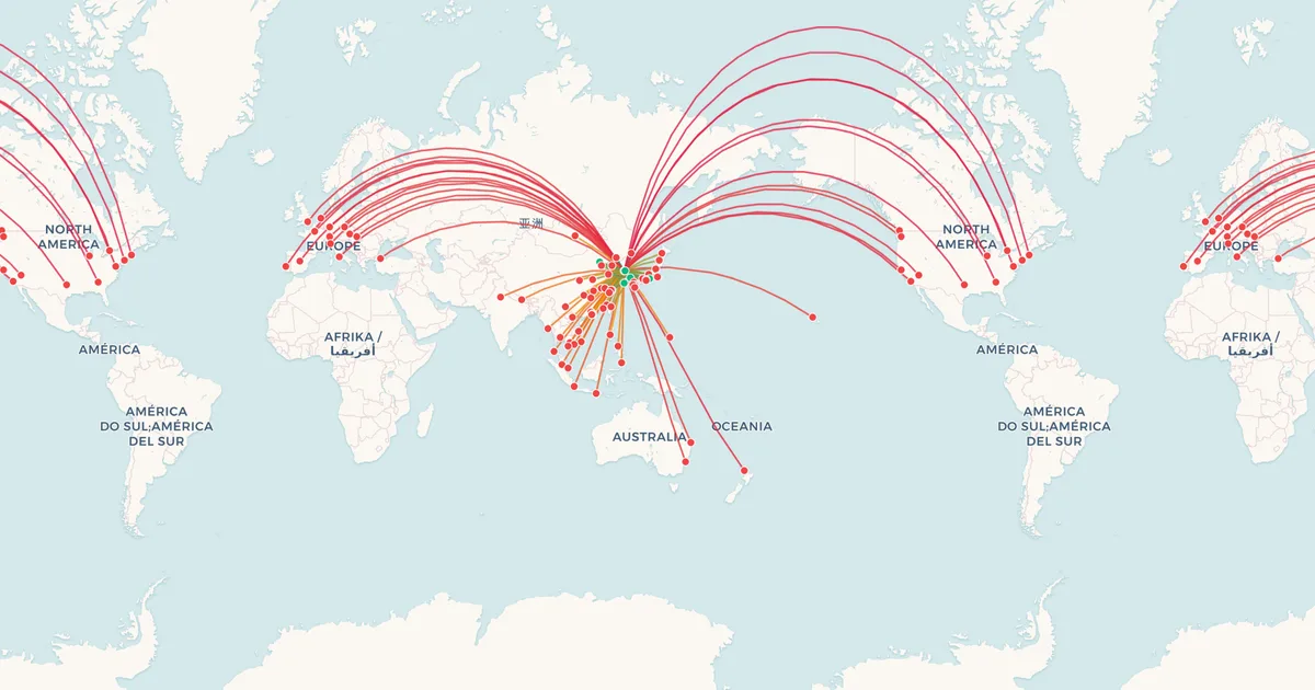 Korean Air's international routes on a world map