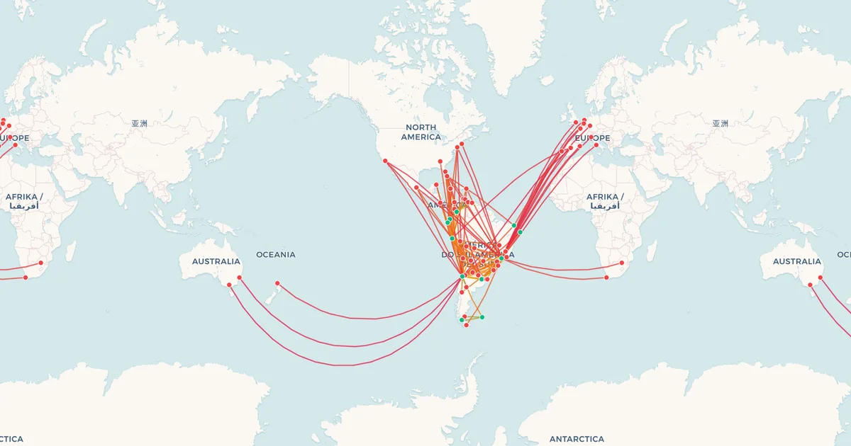 LATAM Airlines's international routes on a world map