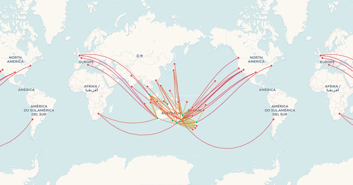 Qantas's international routes on a world map