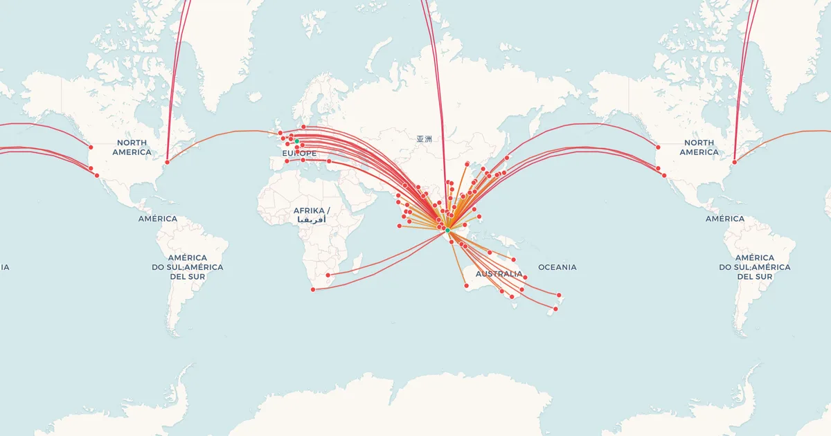Singapore Airlines's route network on a world map