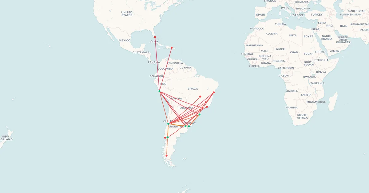 Sky Airline's international routes on a world map