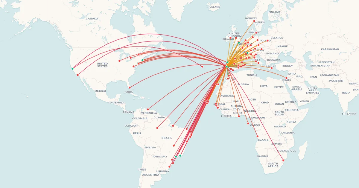 TAP Air Portugal's international routes on a world map TAP Air Portugal's international routes on a world map