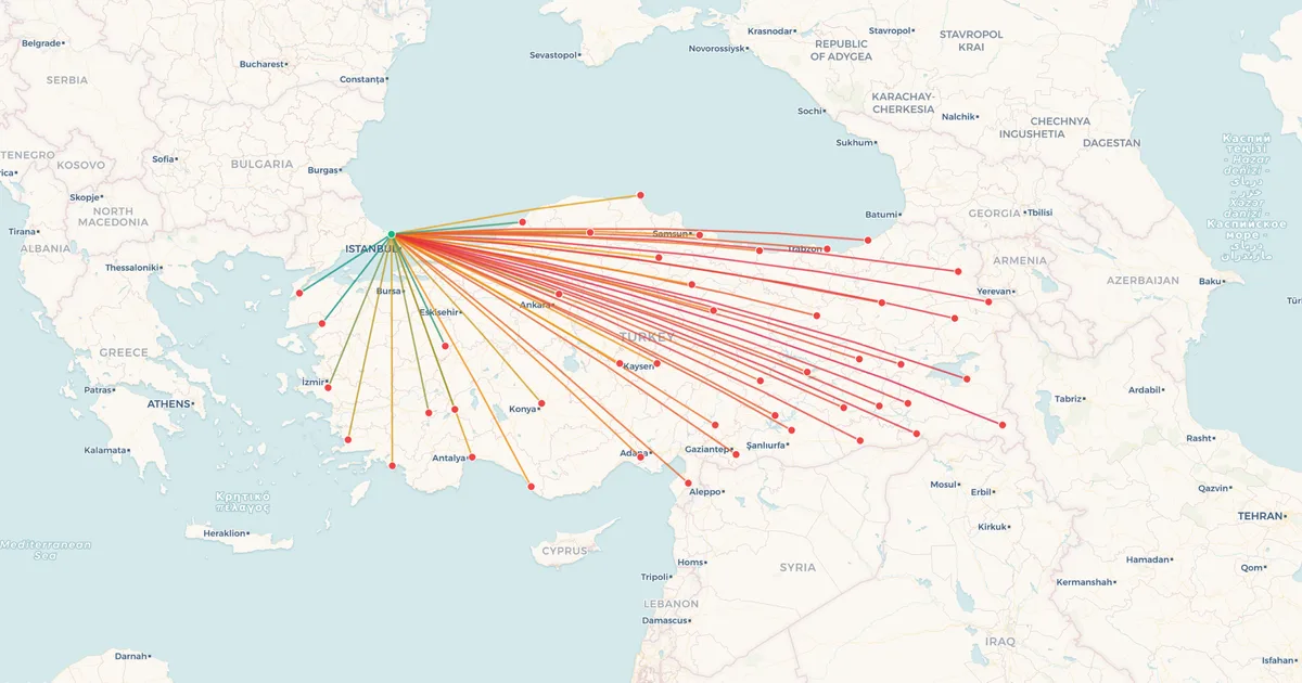 Turkish Airlines's domestic routes on a map