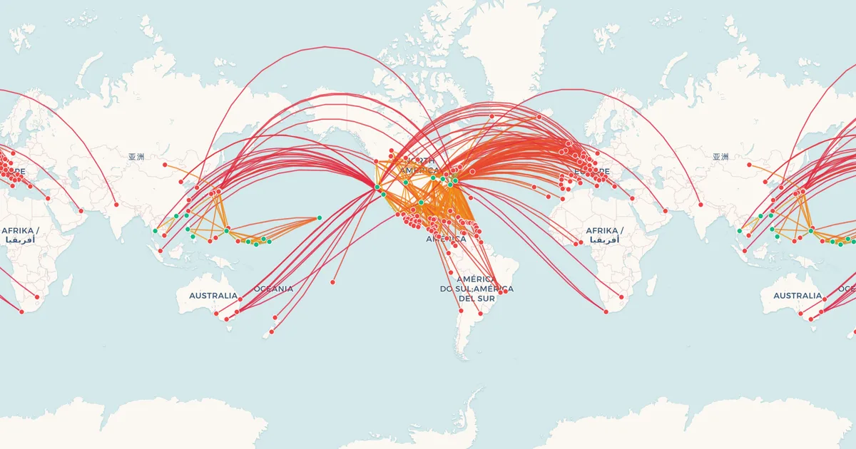 United Airlines's international routes on a world map