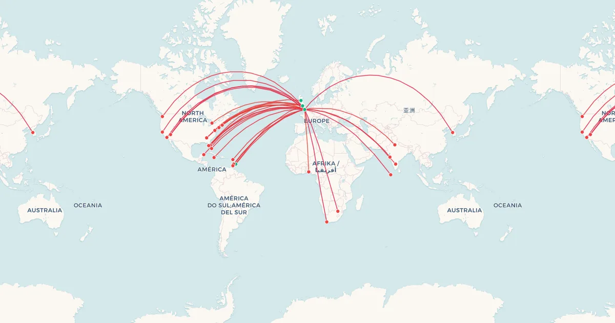 Virgin Atlantic's route network on a world map
