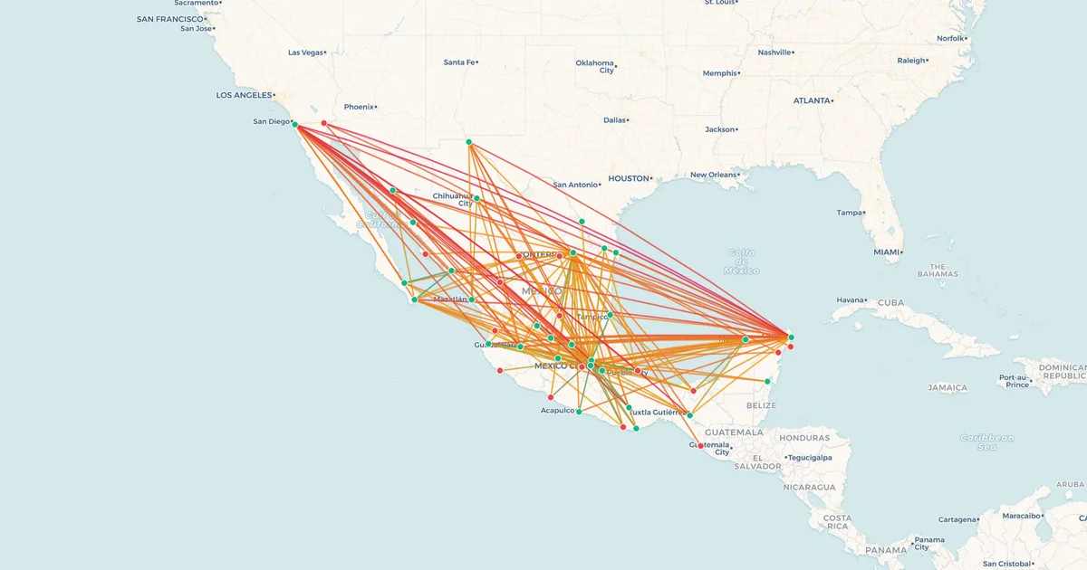 Viva Aerobus's domestic routes on a map