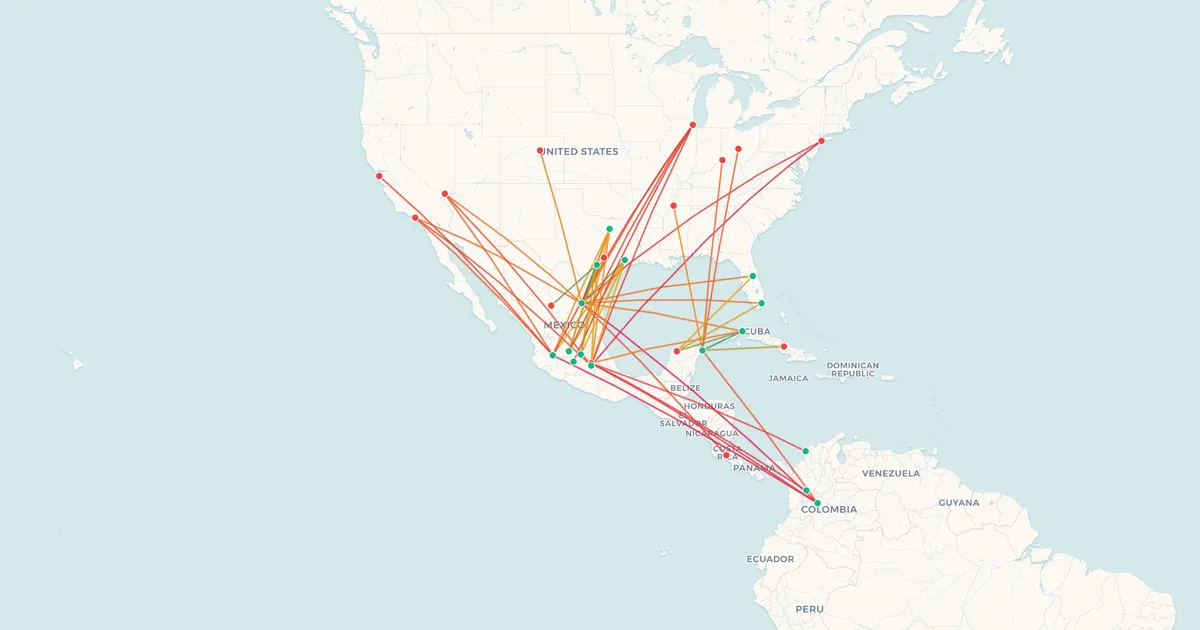 Viva Aerobus's international routes on a world map