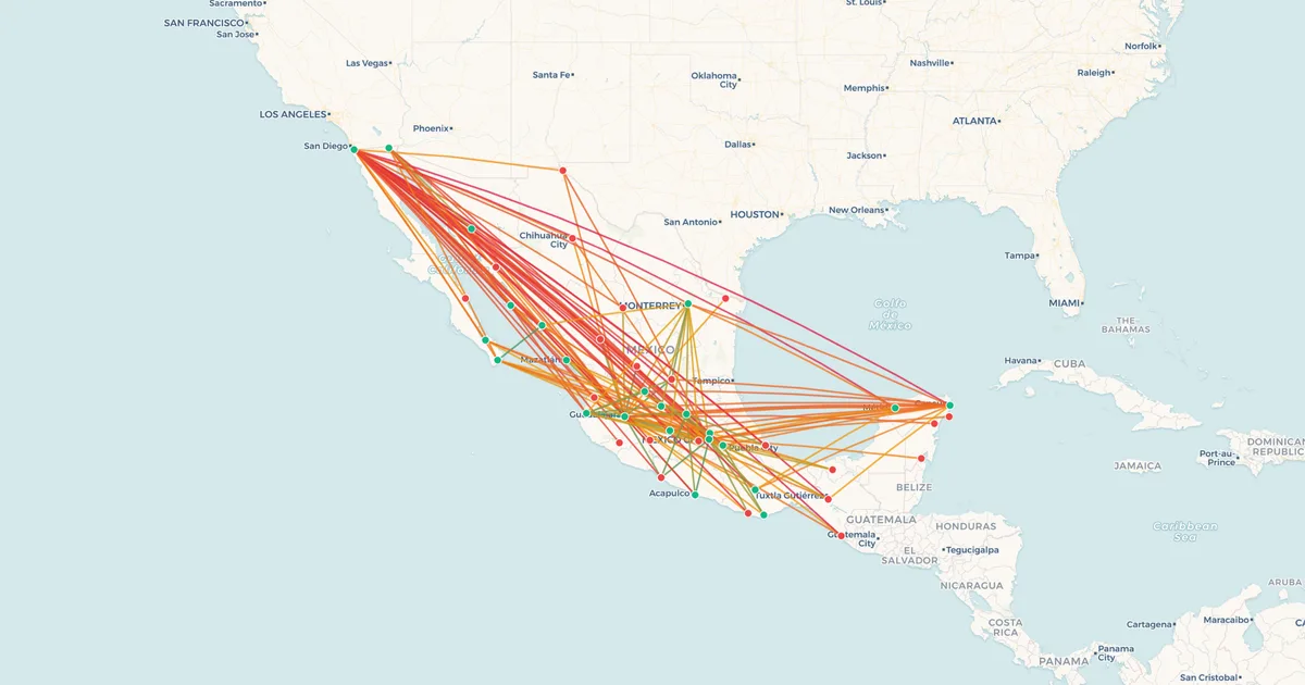 Volaris's domestic routes on a map