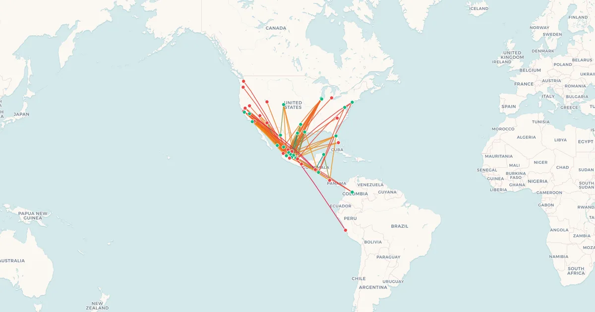 Volaris's international routes on a world map