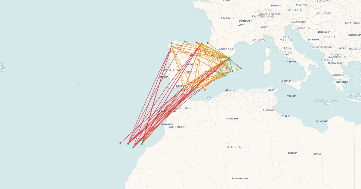 Las rutas nacionales de Vueling en un mapa