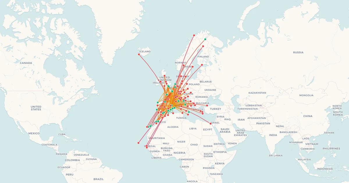 Las rutas internacionales de Vueling en un mapa del mundo