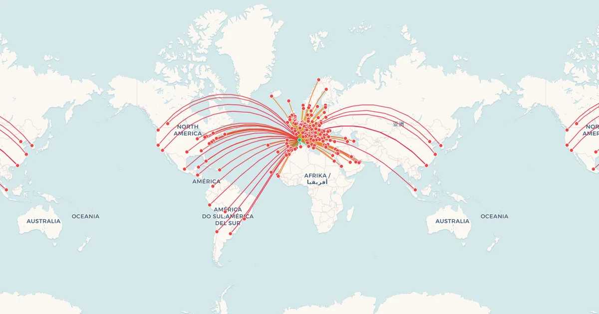 International flights from Barcelona-El Prat (BCN) on a world map