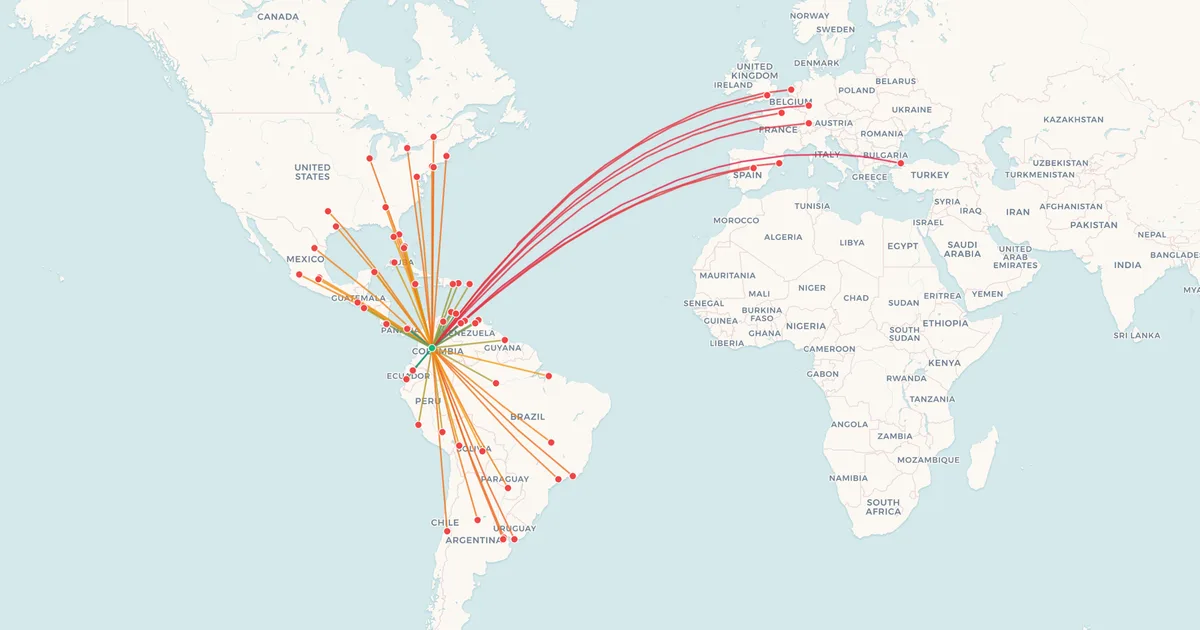 International flights from Bogotá El Dorado (BOG) on a world map