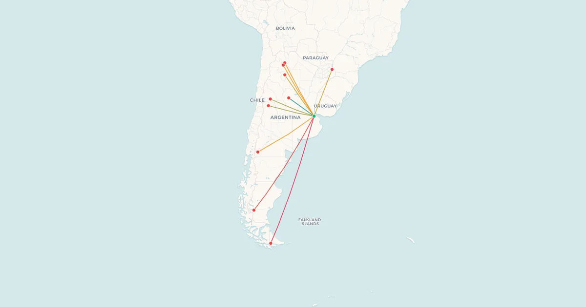 Domestic flights from Buenos Aires-Ezeiza (EZE) on a map