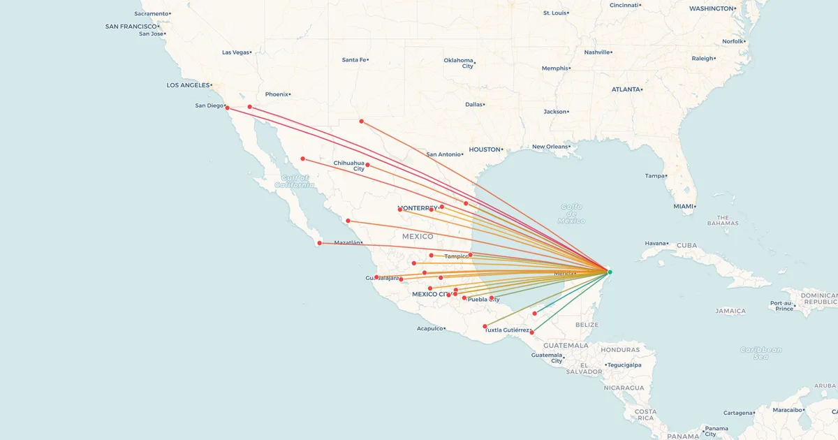 Domestic flights from Cancún (CUN) on a map Domestic flights from Cancún (CUN) on a map