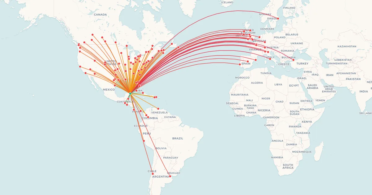 International flights from Cancún (CUN) on a world map International flights from Cancún (CUN) on a world map