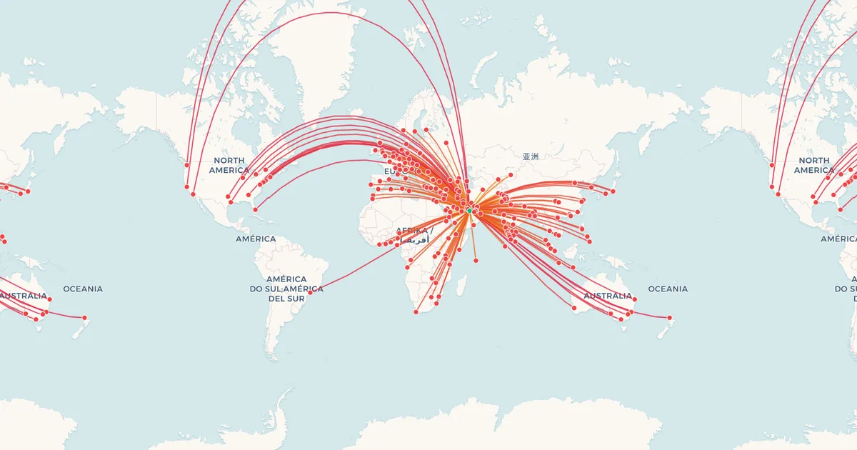 Every nonstop destination from Doha Hamad (DOH) on a world map